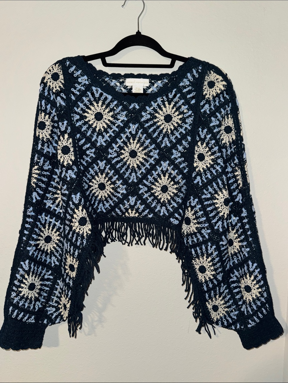Handcrafted Navy & Cream Crochet Fringe Sweater
